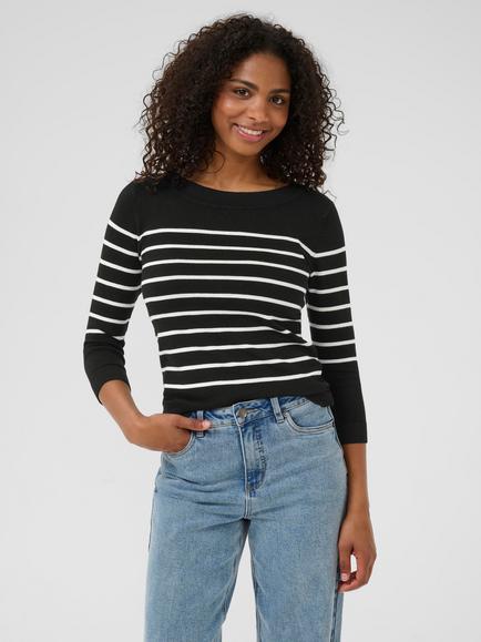 KAFFE Lizza Stripe Three Quarter Sleeves Boat Neck Jumper, Black/Multi
