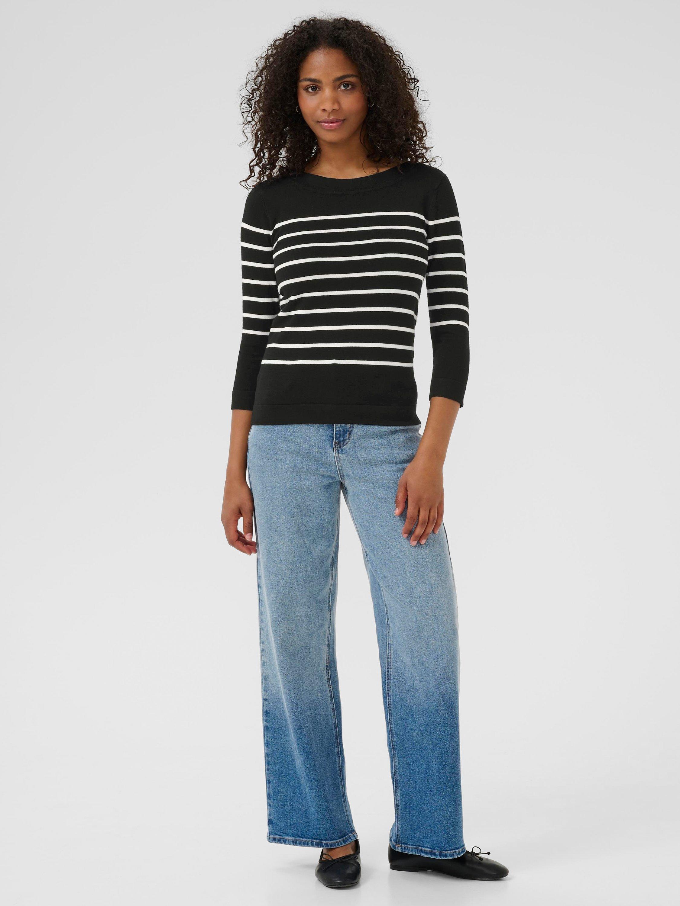 Product image 3 of 7, which shows KAFFE Lizza Stripe Three Quarter Sleeves Boat Neck Jumper, Black/Multi, XS