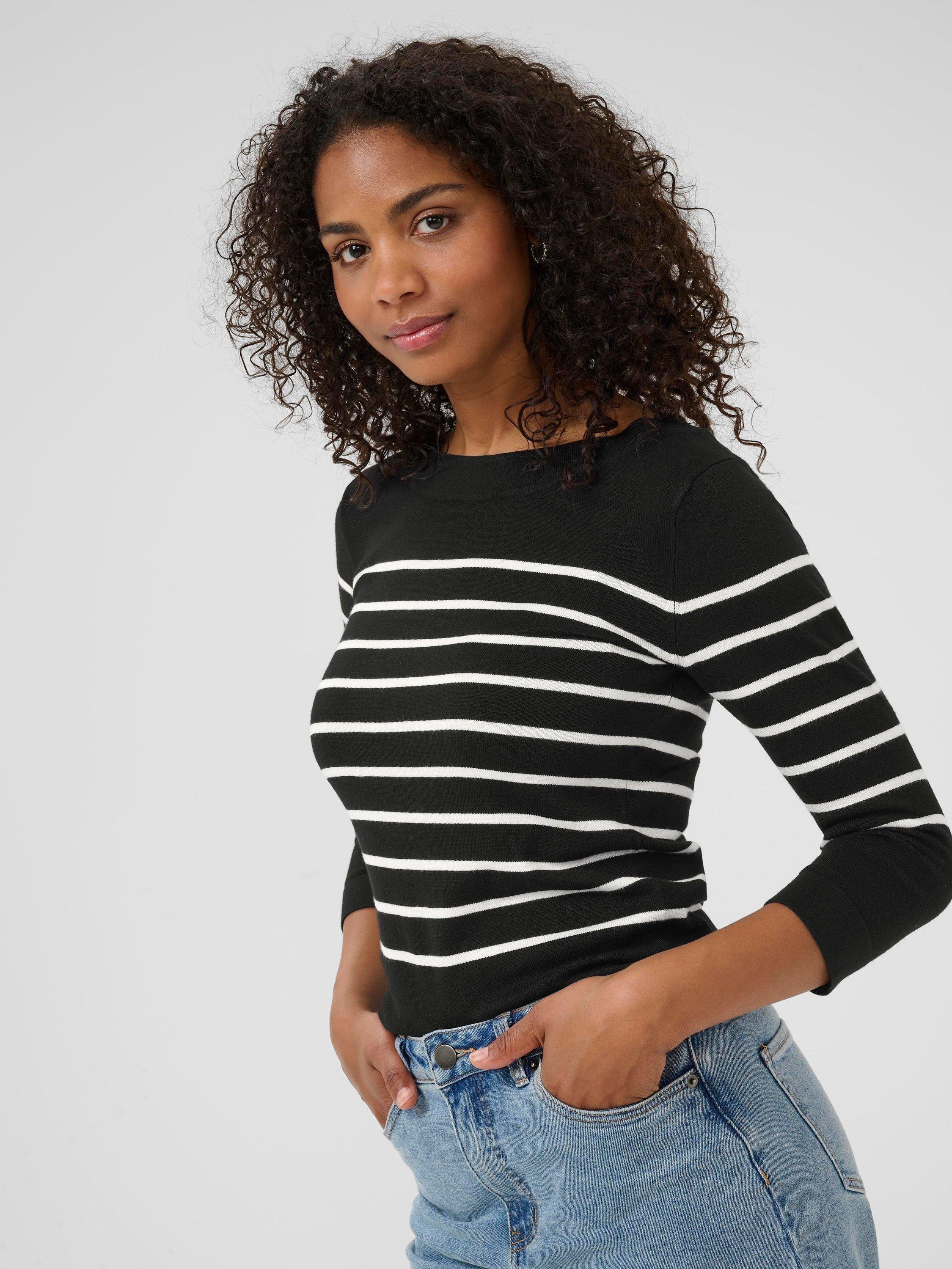 Product image 4 of 7, which shows KAFFE Lizza Stripe Three Quarter Sleeves Boat Neck Jumper, Black/Multi, XS