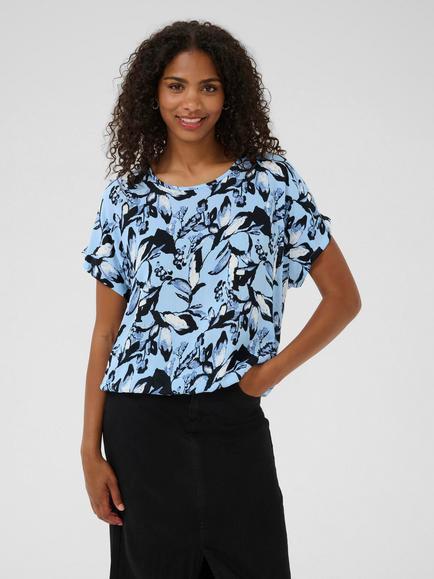 KAFFE Amber Graphic Floral Top, Blue, Blue