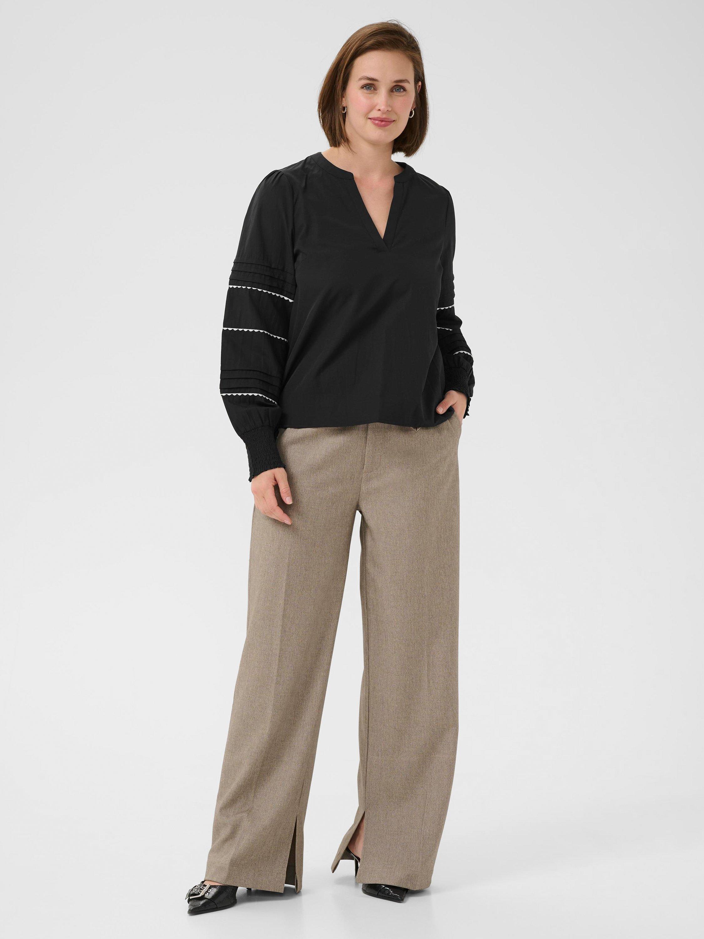 Product image 3 of 6, which shows KAFFE KAapril V-Neck Long Sleeve Cotton Blend Blouse, Black Deep, 8