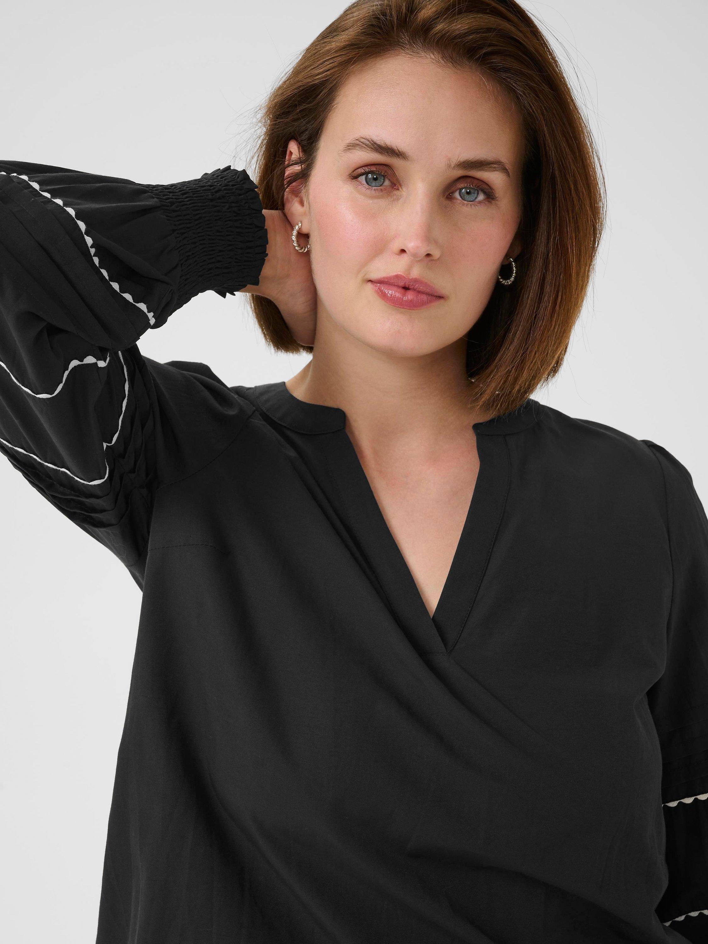 Product image 4 of 6, which shows KAFFE KAapril V-Neck Long Sleeve Cotton Blend Blouse, Black Deep, 8