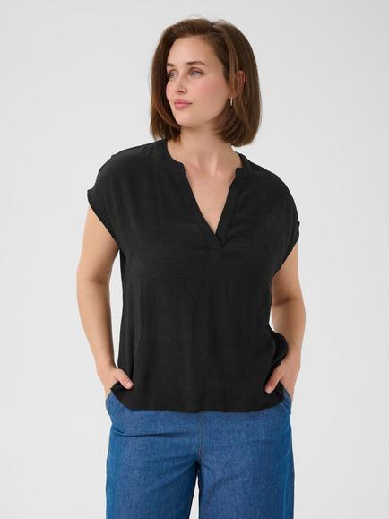 KAFFE KAanja V-Neck Short Sleeve Blouse, Black Deep