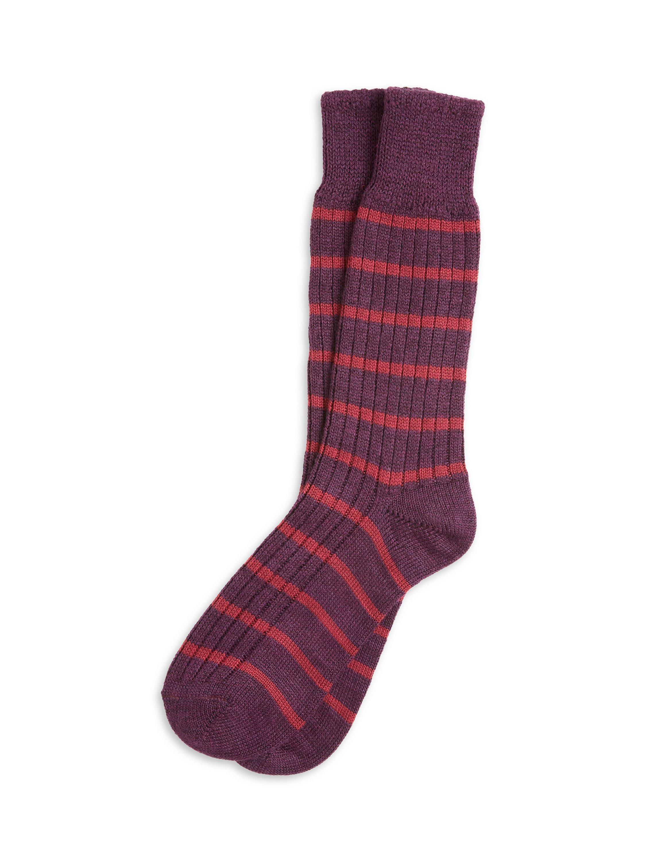 Product image 1 of 3, which shows Celtic & Co. Rugby Stripe Wool Blend Socks, Damson, M