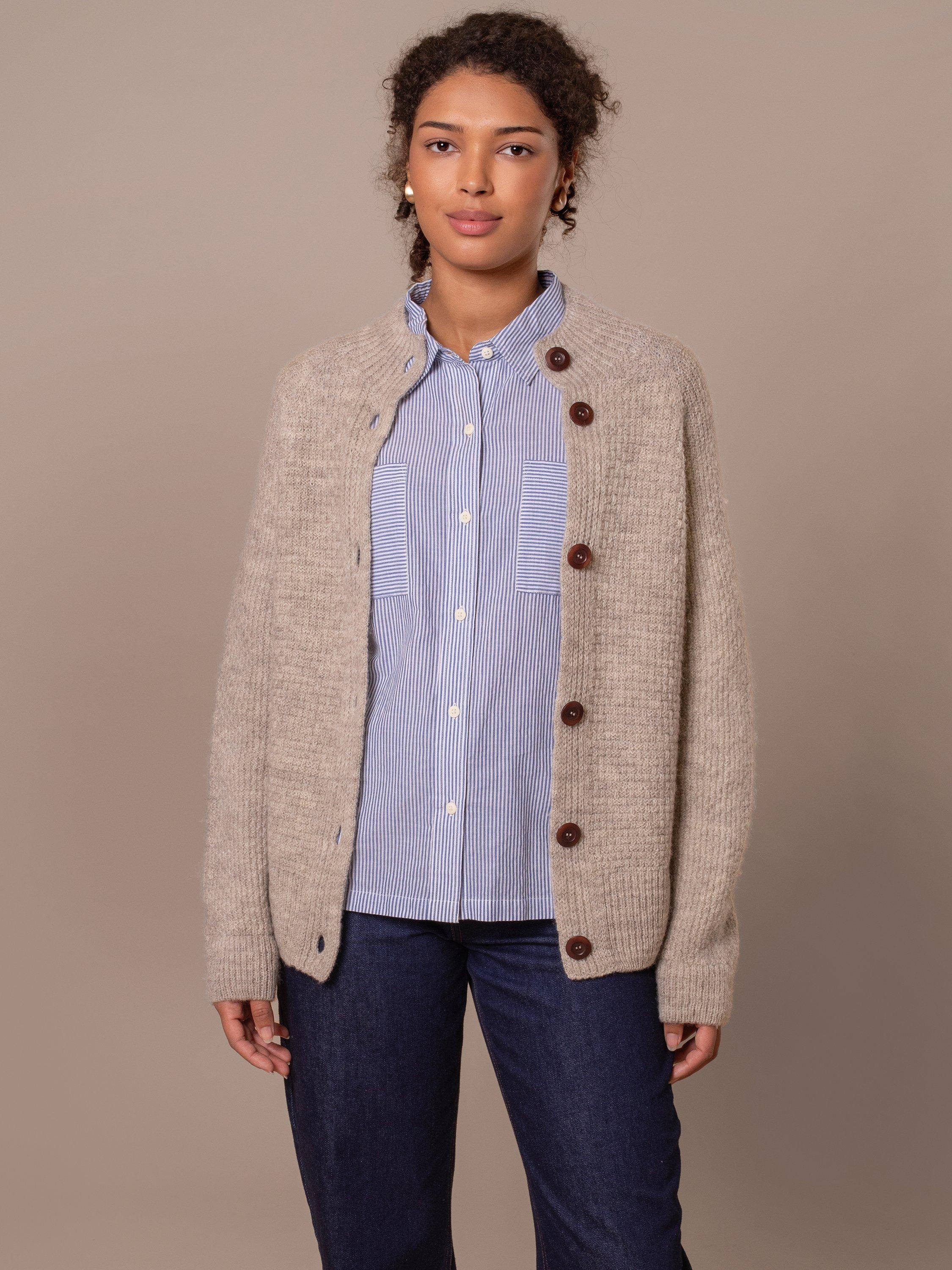 Product image 1 of 3, which shows Celtic & Co. Moss Stitch Pure Wool Cardigan, Undyed Taupe, XS