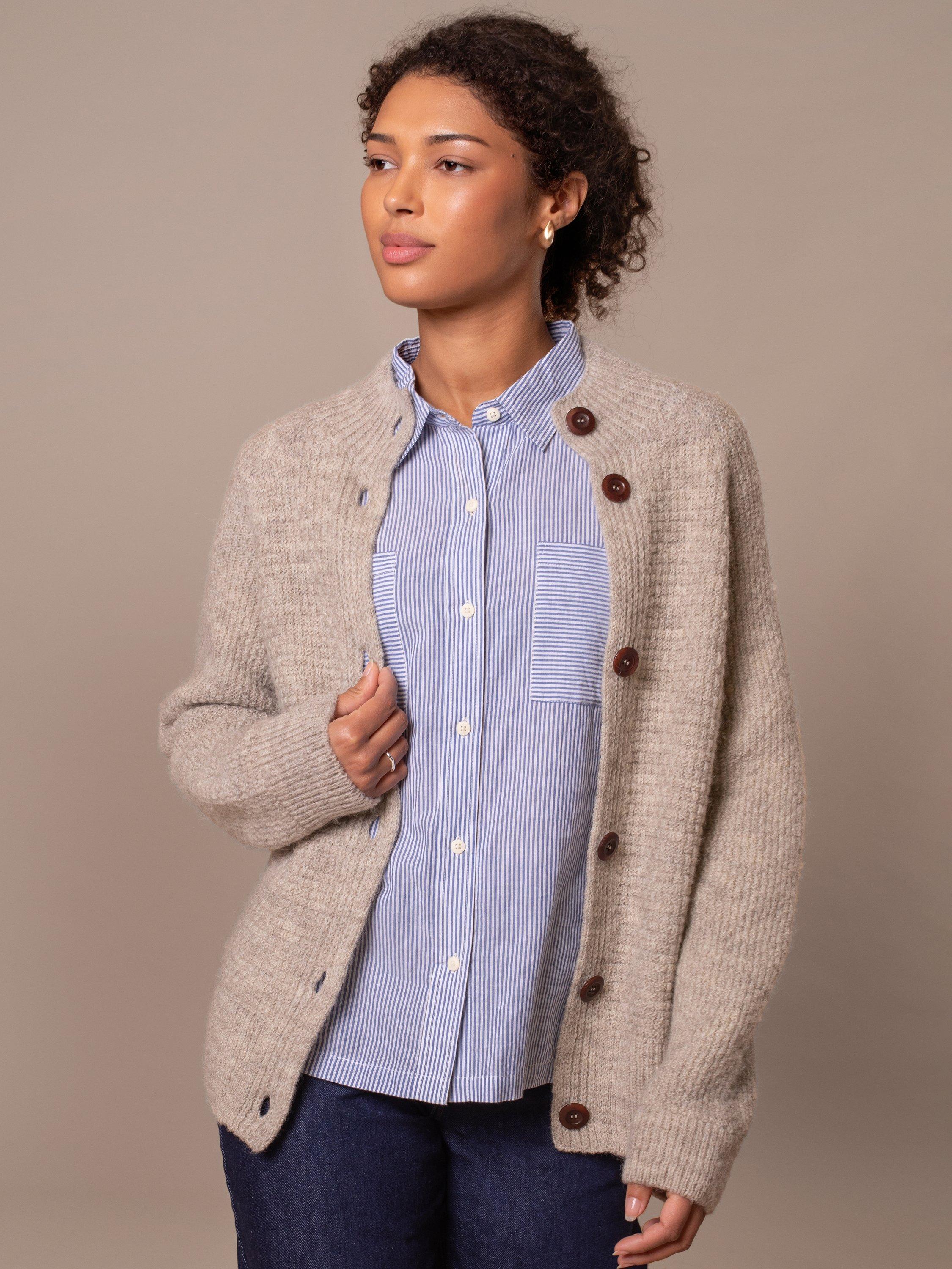 Product image 2 of 3, which shows Celtic & Co. Moss Stitch Pure Wool Cardigan, Undyed Taupe, XS