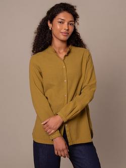 Celtic & Co. Buttoned Oversize Pleated Cotton Blouse, Green Ochre