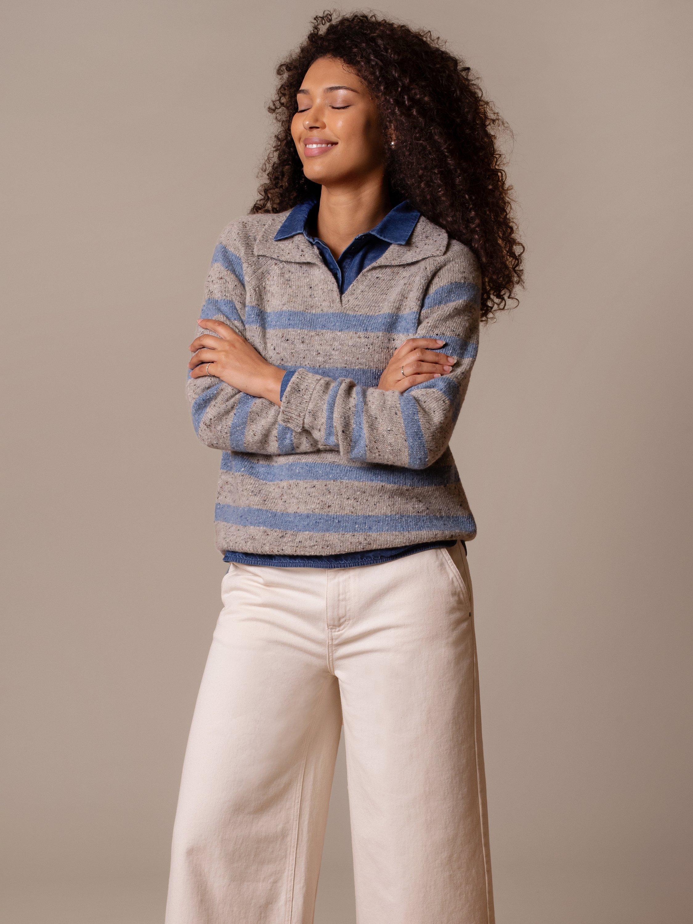 Product image 1 of 5, which shows Celtic & Co. Stripe Pure Wool Polo Jumper, Oatmeal, XS