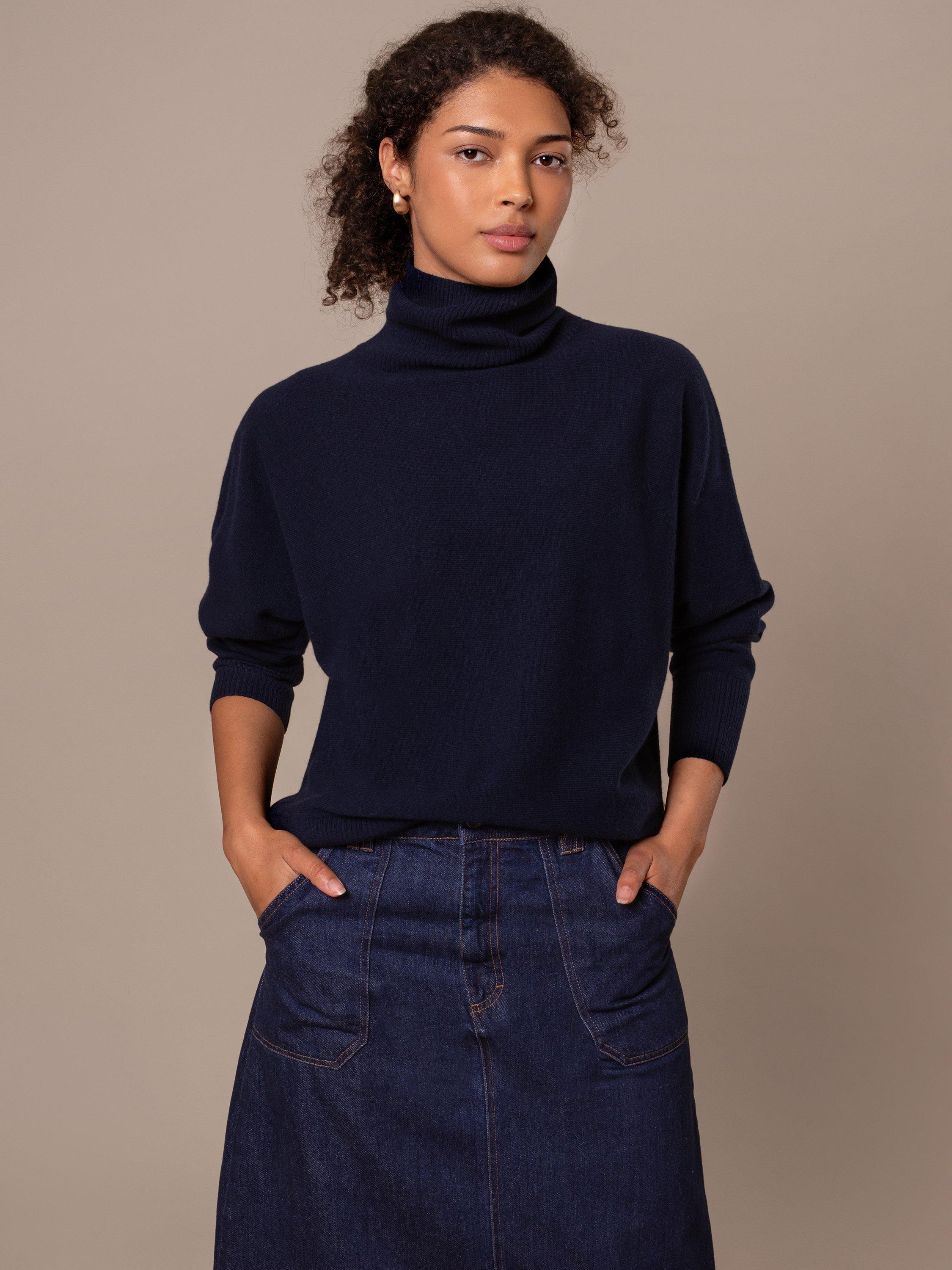 Product image 1 of 6, which shows Celtic & Co. Roll Neck Drop Sleeve Lambswool Jumper, Navy, XS