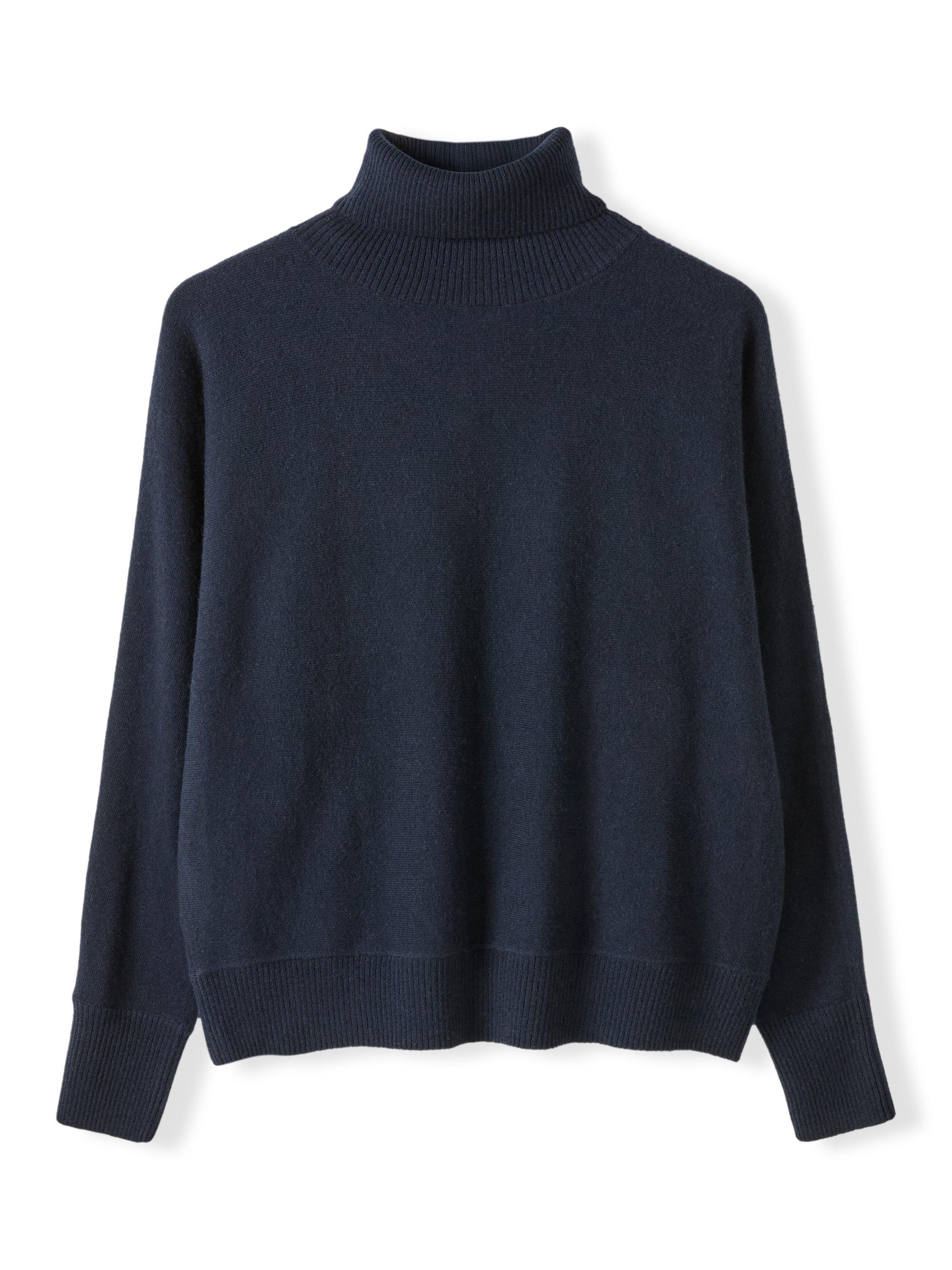 Product image 2 of 6, which shows Celtic & Co. Roll Neck Drop Sleeve Lambswool Jumper, Navy, XS