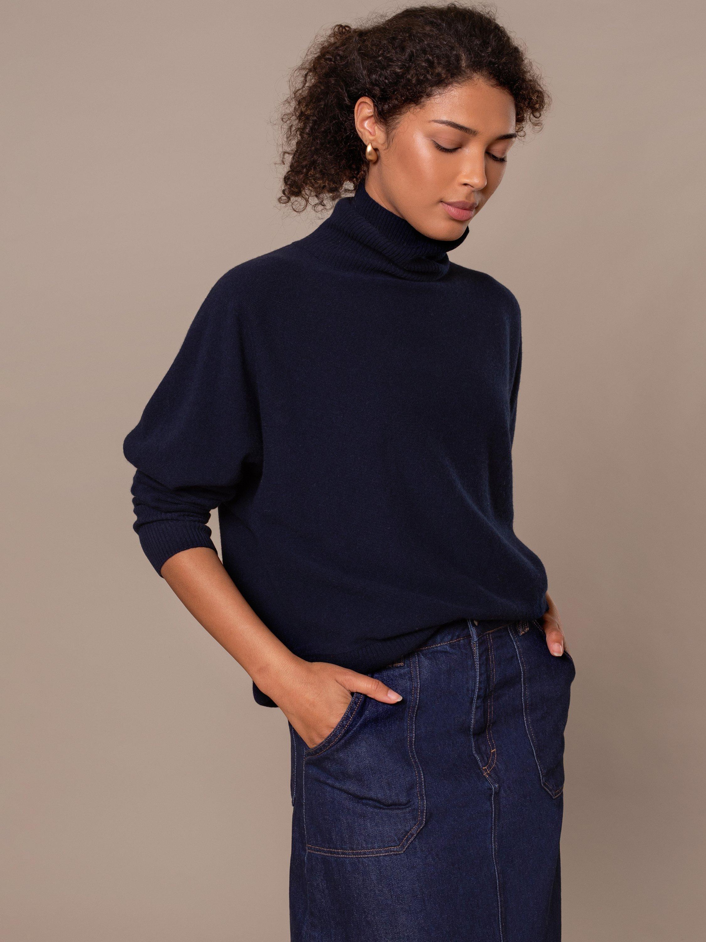 Product image 6 of 6, which shows Celtic & Co. Roll Neck Drop Sleeve Lambswool Jumper, Navy, XS