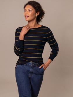 Celtic & Co. Boat Neck Fine Knit Merino Wool Jumper, Navy/Yellow