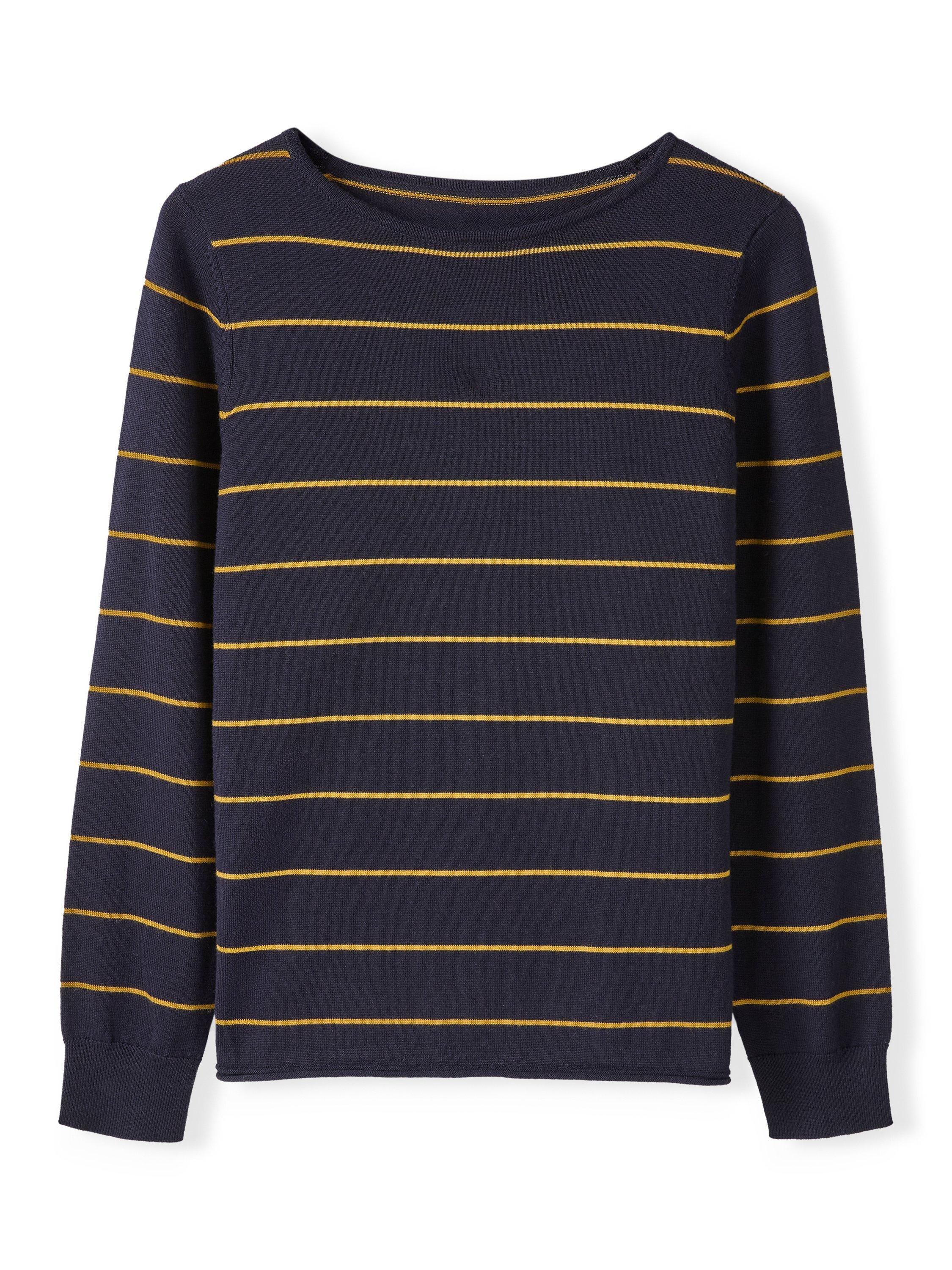 Product image 2 of 6, which shows Celtic & Co. Boat Neck Fine Knit Merino Wool Jumper, Navy/Yellow, XS