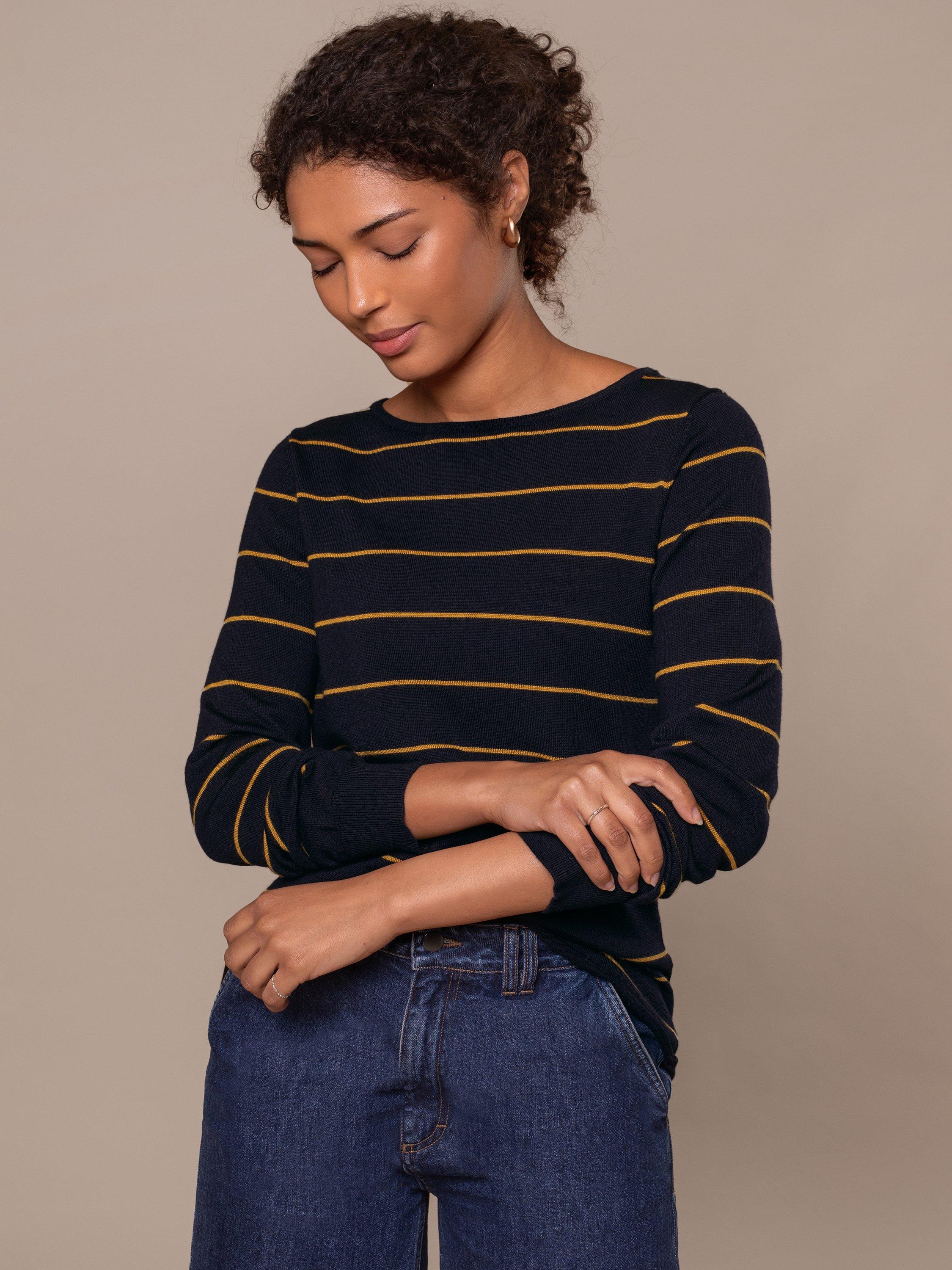 Product image 5 of 6, which shows Celtic & Co. Boat Neck Fine Knit Merino Wool Jumper, Navy/Yellow, XS