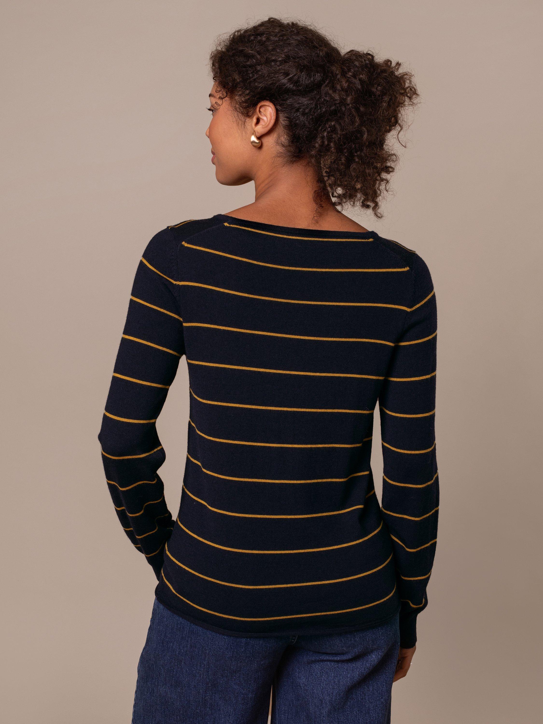 Product image 6 of 6, which shows Celtic & Co. Boat Neck Fine Knit Merino Wool Jumper, Navy/Yellow, XS