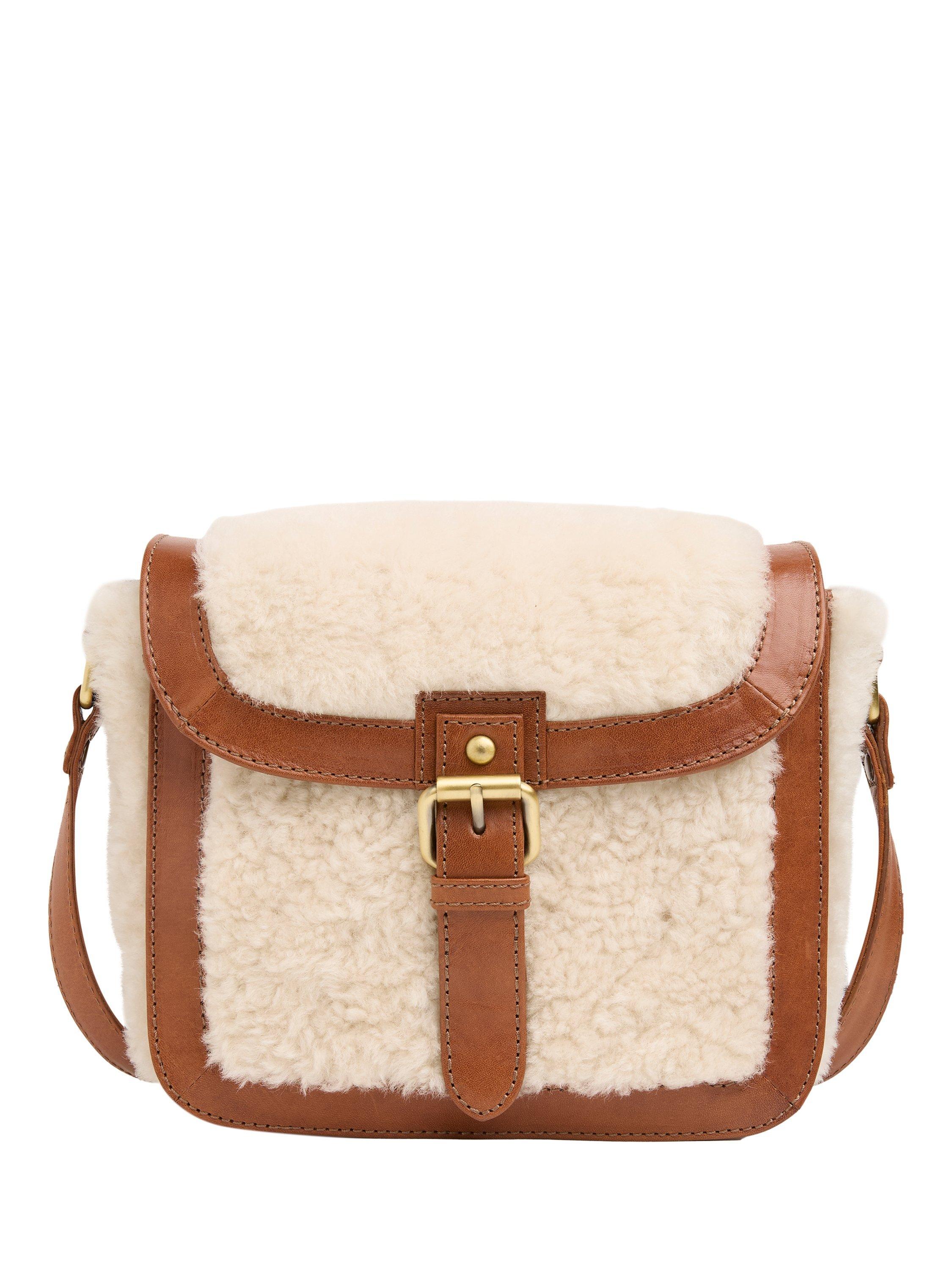 Product image 1 of 6, which shows Celtic & Co. Leather Trim Sheep Cross Body Bag, Ecru, Brown