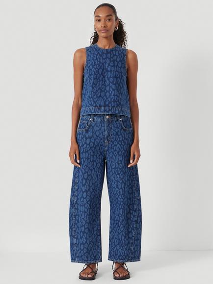 HUSH Cropped Bree Horseshoe Barrel Leg Jeans, Leopard Print Mid Blue, Leopard Print Mid Blue