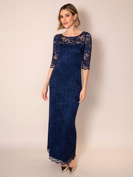 Alie Street Lila Floral Lace Three Quarter Sleeve Boat Neck Gown, Navy
