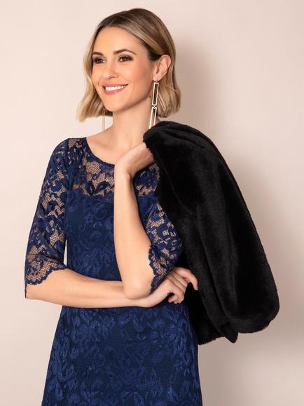 Alie Street Lila Floral Lace Three Quarter Sleeve Boat Neck Gown - view 2, Navy