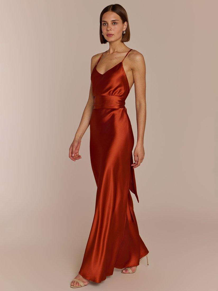 Product image 1 of 12, which shows Rewritten Brooklyn Satin Slip Maxi Dress, Burnt Orange, XS