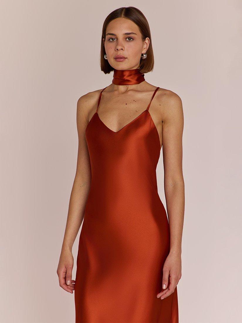 Product image 2 of 12, which shows Rewritten Brooklyn Satin Slip Maxi Dress, Burnt Orange, XS
