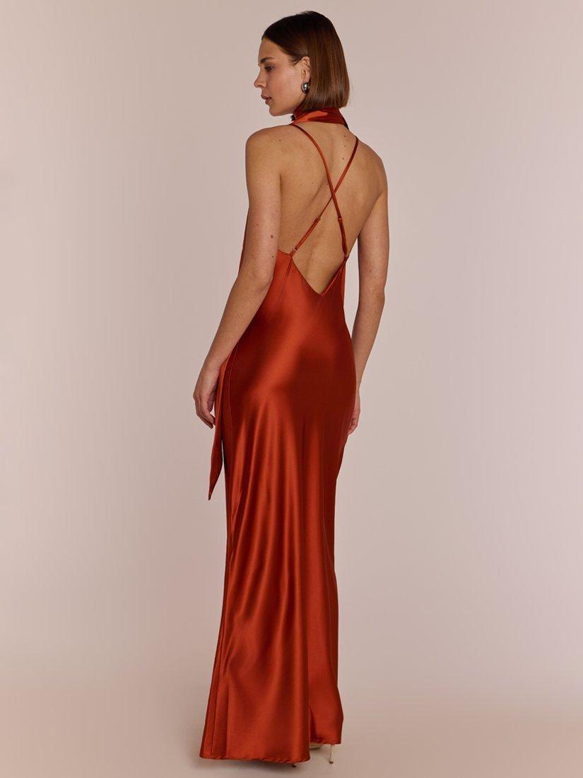 Product image 4 of 12, which shows Rewritten Brooklyn Satin Slip Maxi Dress, Burnt Orange, XS