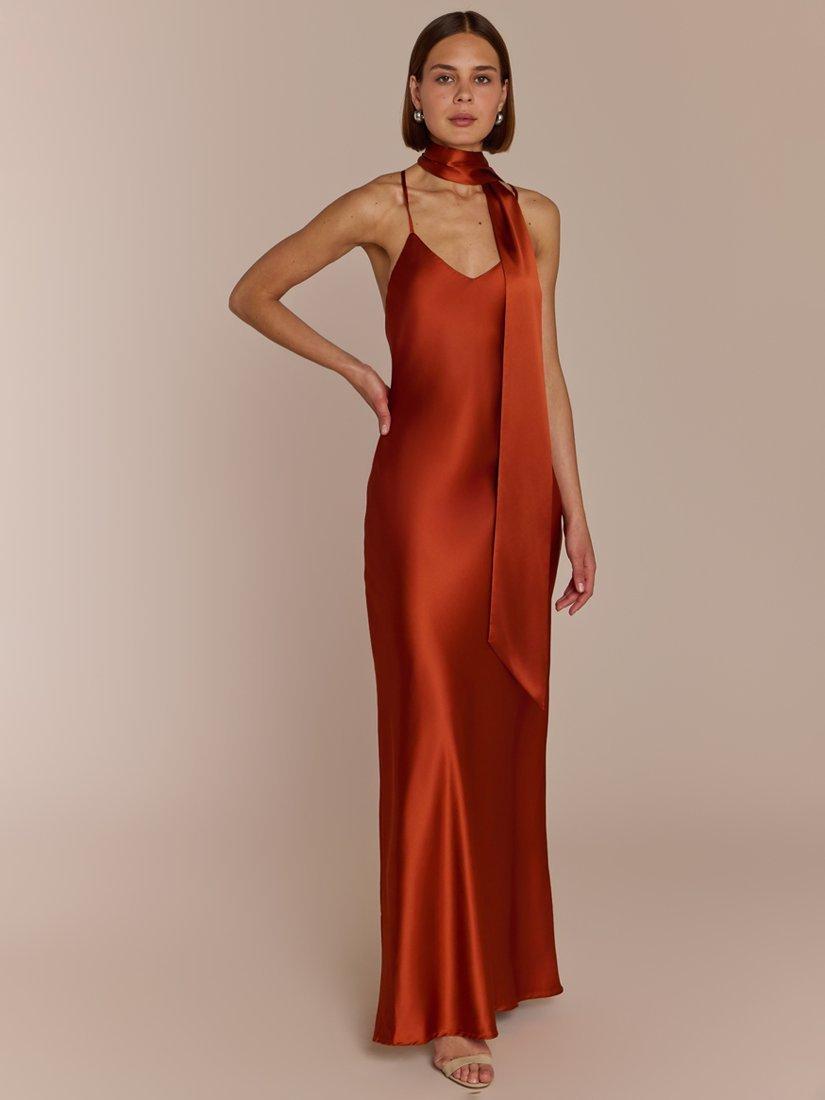 Product image 6 of 12, which shows Rewritten Brooklyn Satin Slip Maxi Dress, Burnt Orange, XS