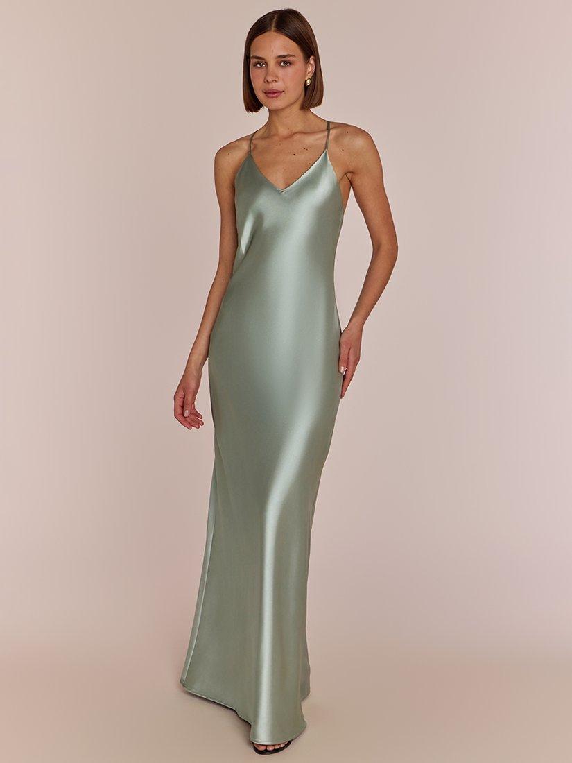 Product image 1 of 8, which shows Rewritten Brooklyn Satin Slip Maxi Dress, Sage Green, XS