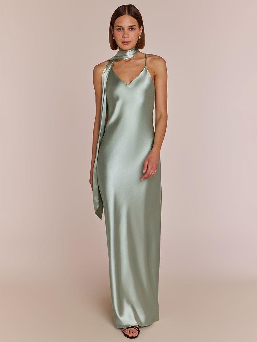 Product image 5 of 8, which shows Rewritten Brooklyn Satin Slip Maxi Dress, Sage Green, XS