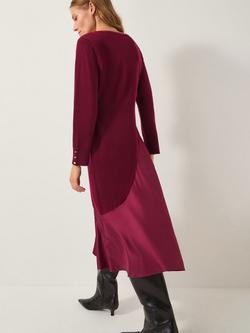 Monsoon Saz Asymmetrical Mix Satin Midi Dress, Berry - view 2, Berry