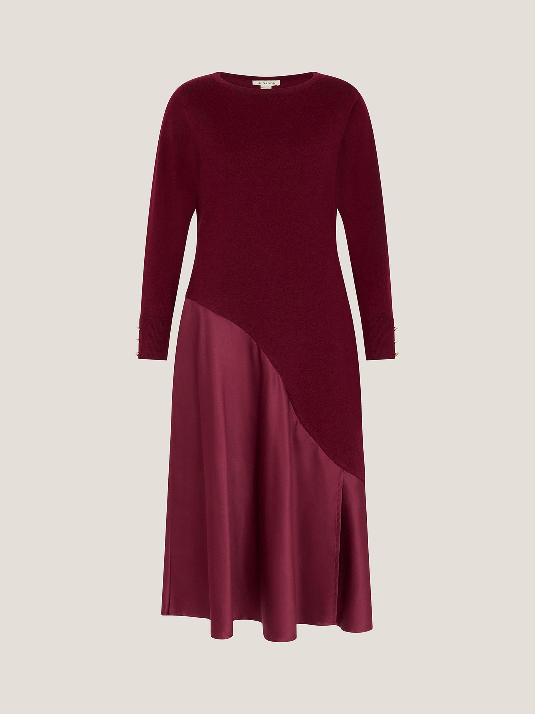 Monsoon Saz Asymmetrical Mix Satin Midi Dress, Berry