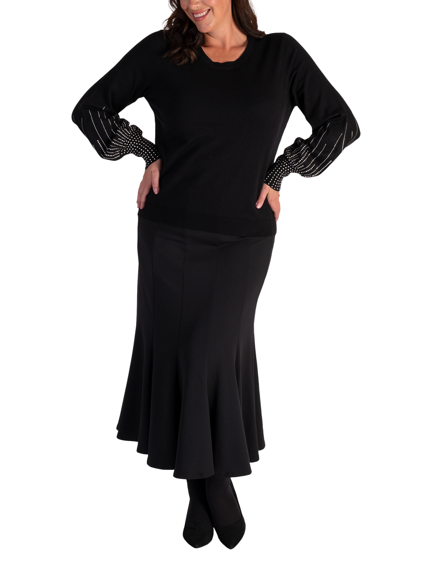 Product image 4 of 7, which shows chesca Scuba Crepe Panelled Skirt, Black, 12-14
