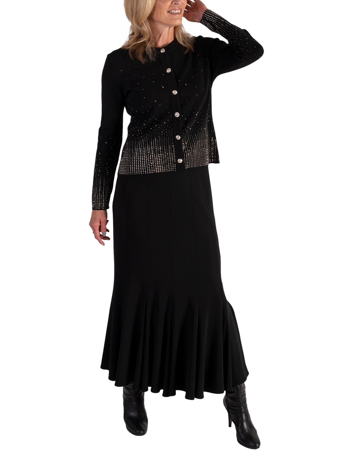 Product image 6 of 7, which shows chesca Scuba Crepe Panelled Skirt, Black, 12-14