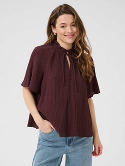 KAFFE KAlianna Short Sleeve Tie Neck Blouse, Fudge