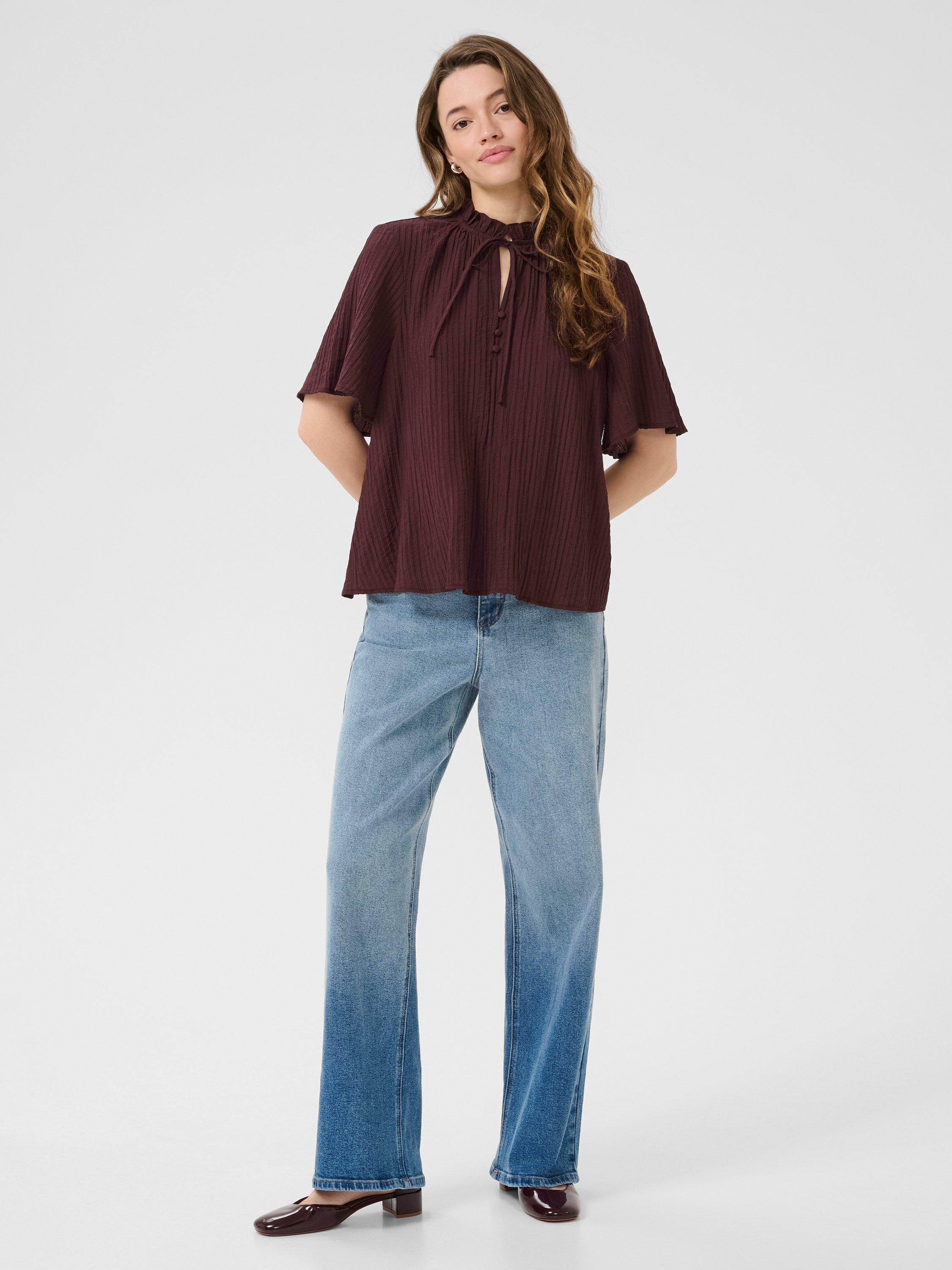 Product image 3 of 6, which shows KAFFE KAlianna Short Sleeve Tie Neck Blouse, Fudge, 8