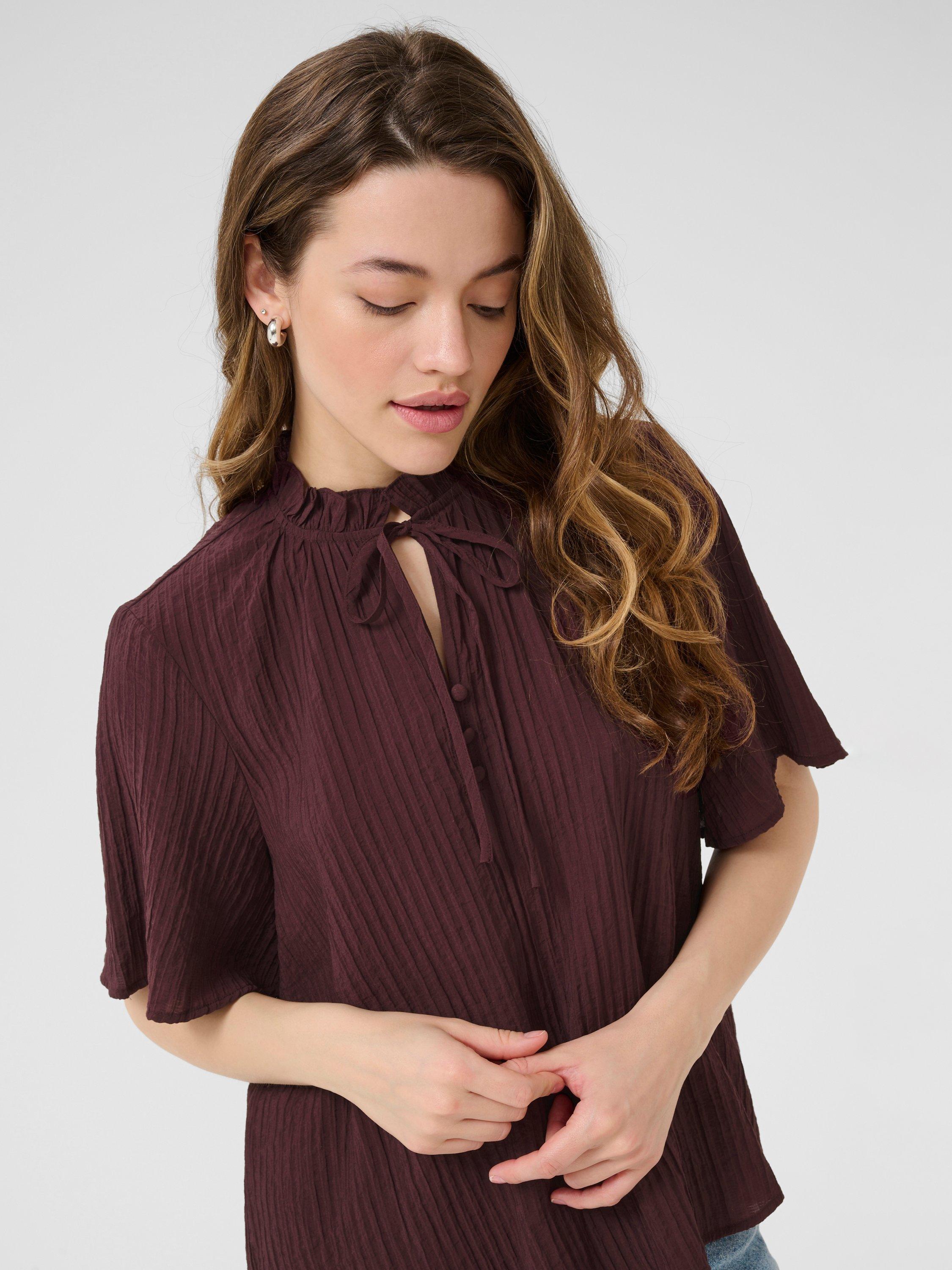 Product image 4 of 6, which shows KAFFE KAlianna Short Sleeve Tie Neck Blouse, Fudge, 8