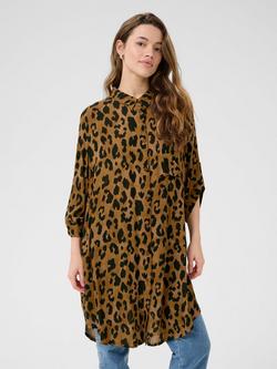 KAFFE Jessi Amber Leopard Print Longline Shirt, Brown/Multi, Brown/Multi