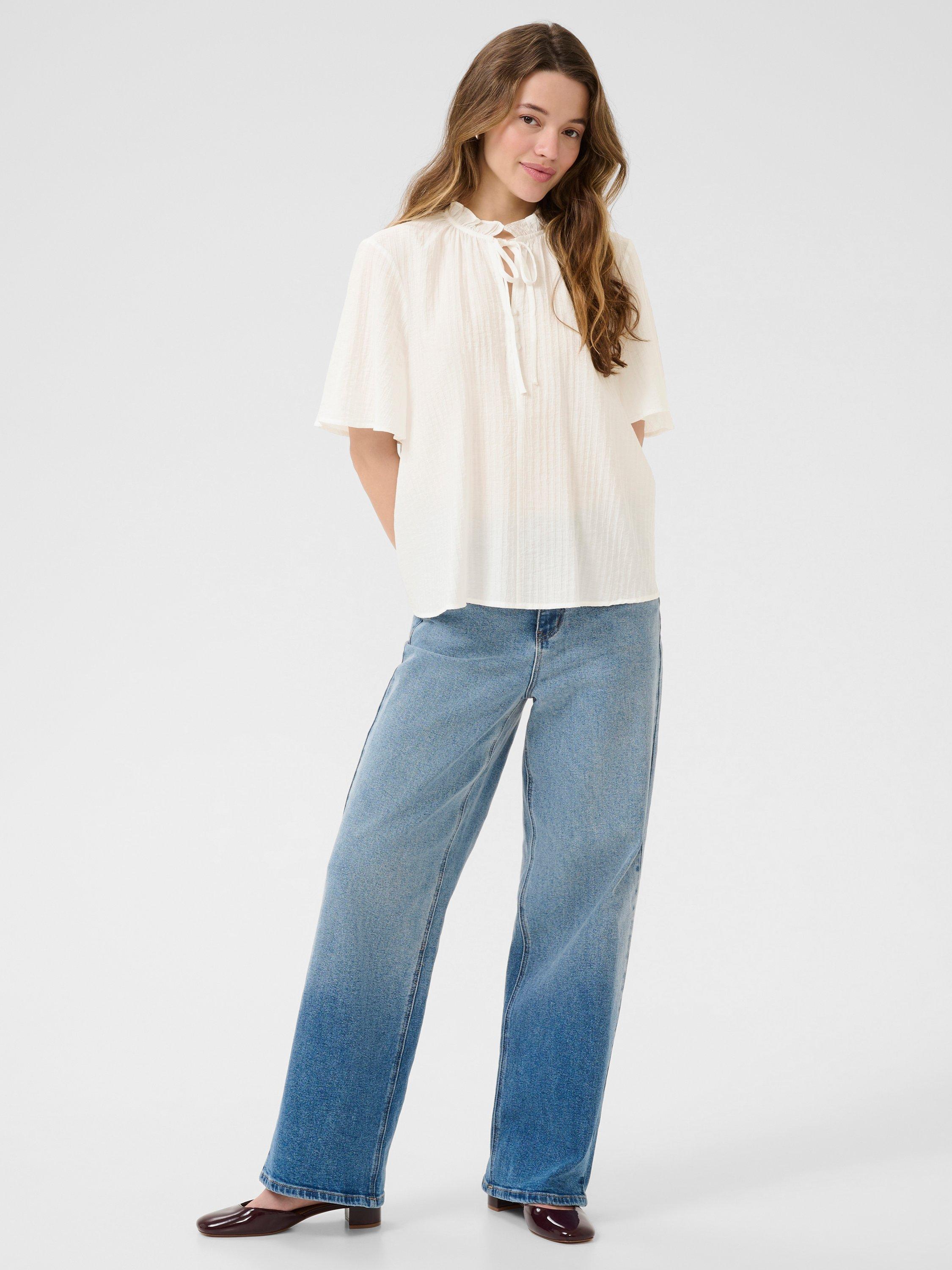 Product image 3 of 6, which shows KAFFE KAlianna Short Sleeve Tie Neck Blouse, Chalk, 8