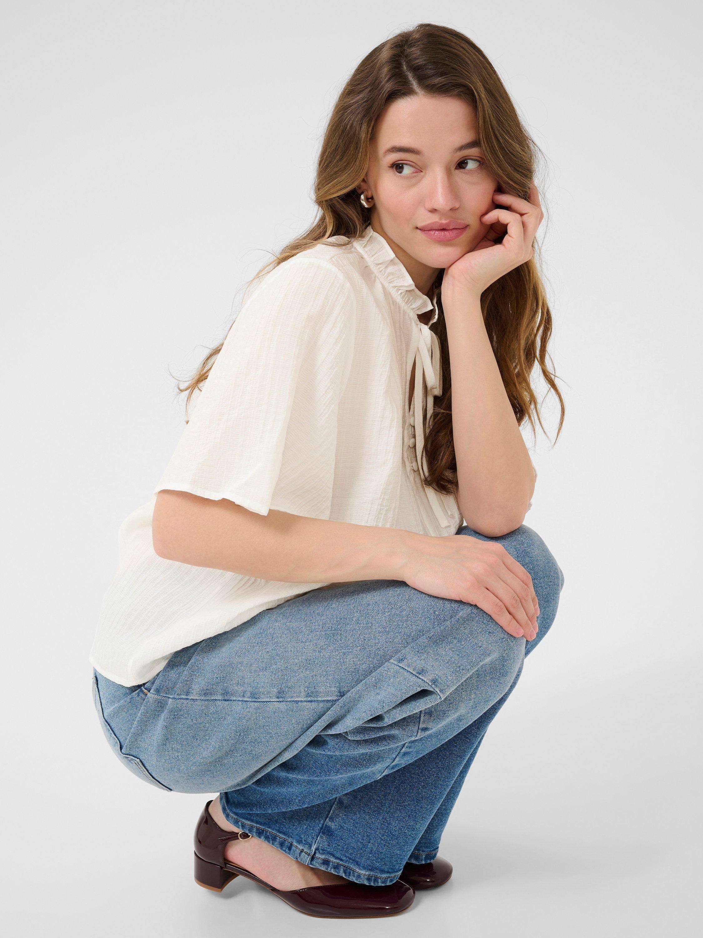 Product image 4 of 6, which shows KAFFE KAlianna Short Sleeve Tie Neck Blouse, Chalk, 8