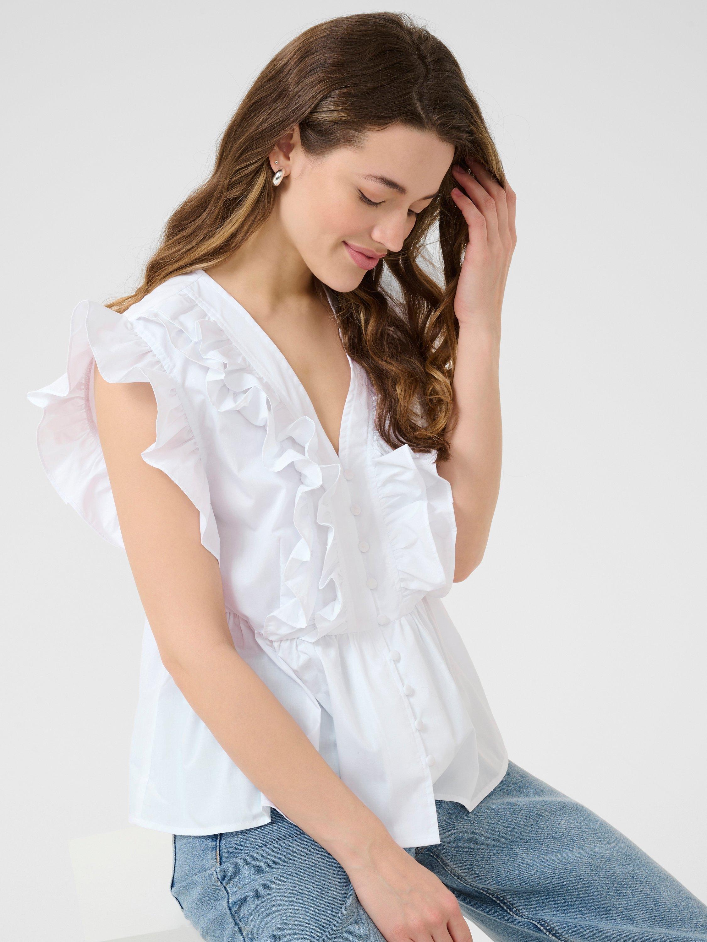 Product image 4 of 6, which shows KAFFE KAgerid V-Neck Cap Sleeve Flounce Top, White, 8