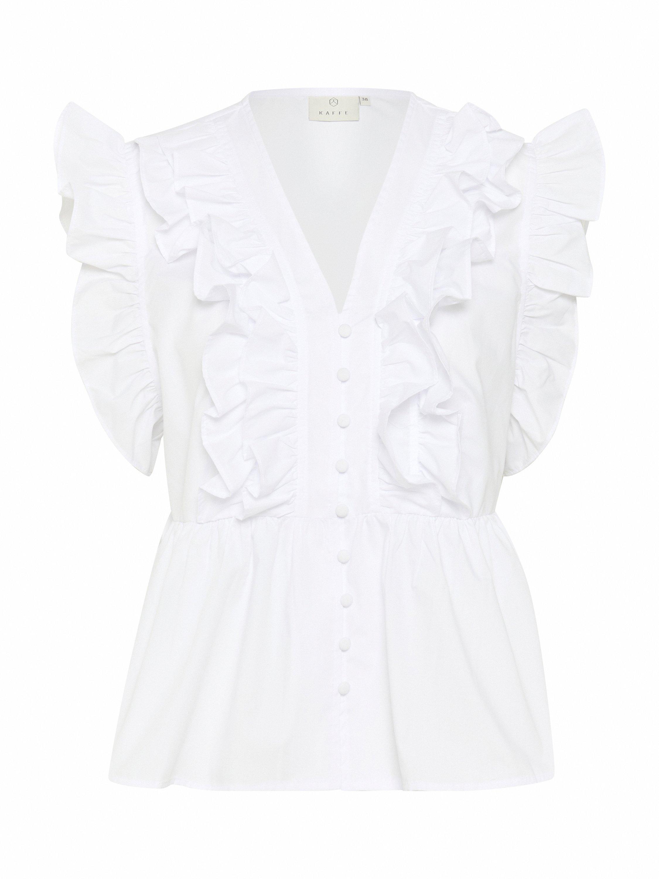 Product image 5 of 6, which shows KAFFE KAgerid V-Neck Cap Sleeve Flounce Top, White, 8