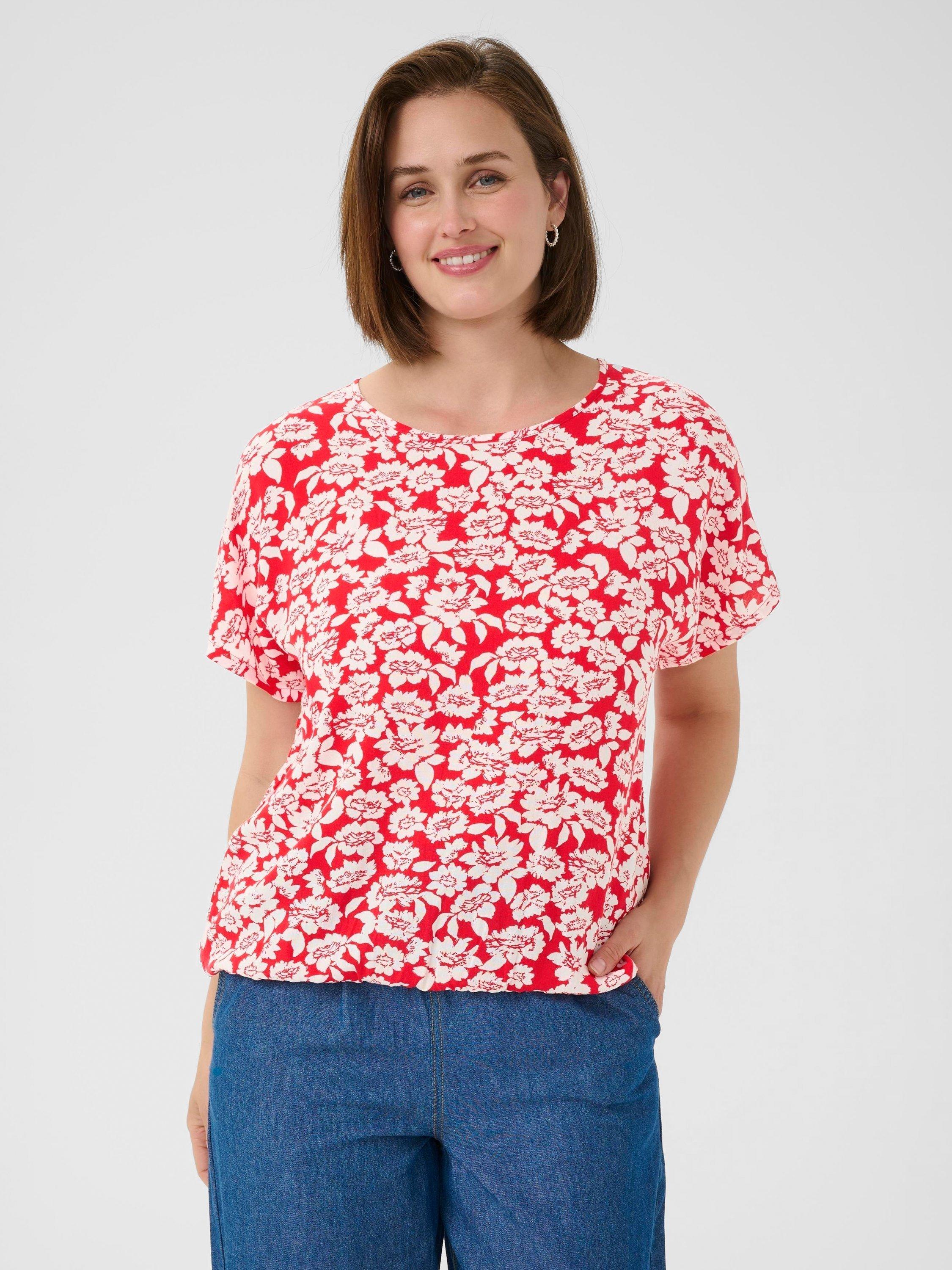 Product image 1 of 5, which shows KAFFE KABeathe Round Neck Short Sleeve Blouse, True Red/Chalk, 8
