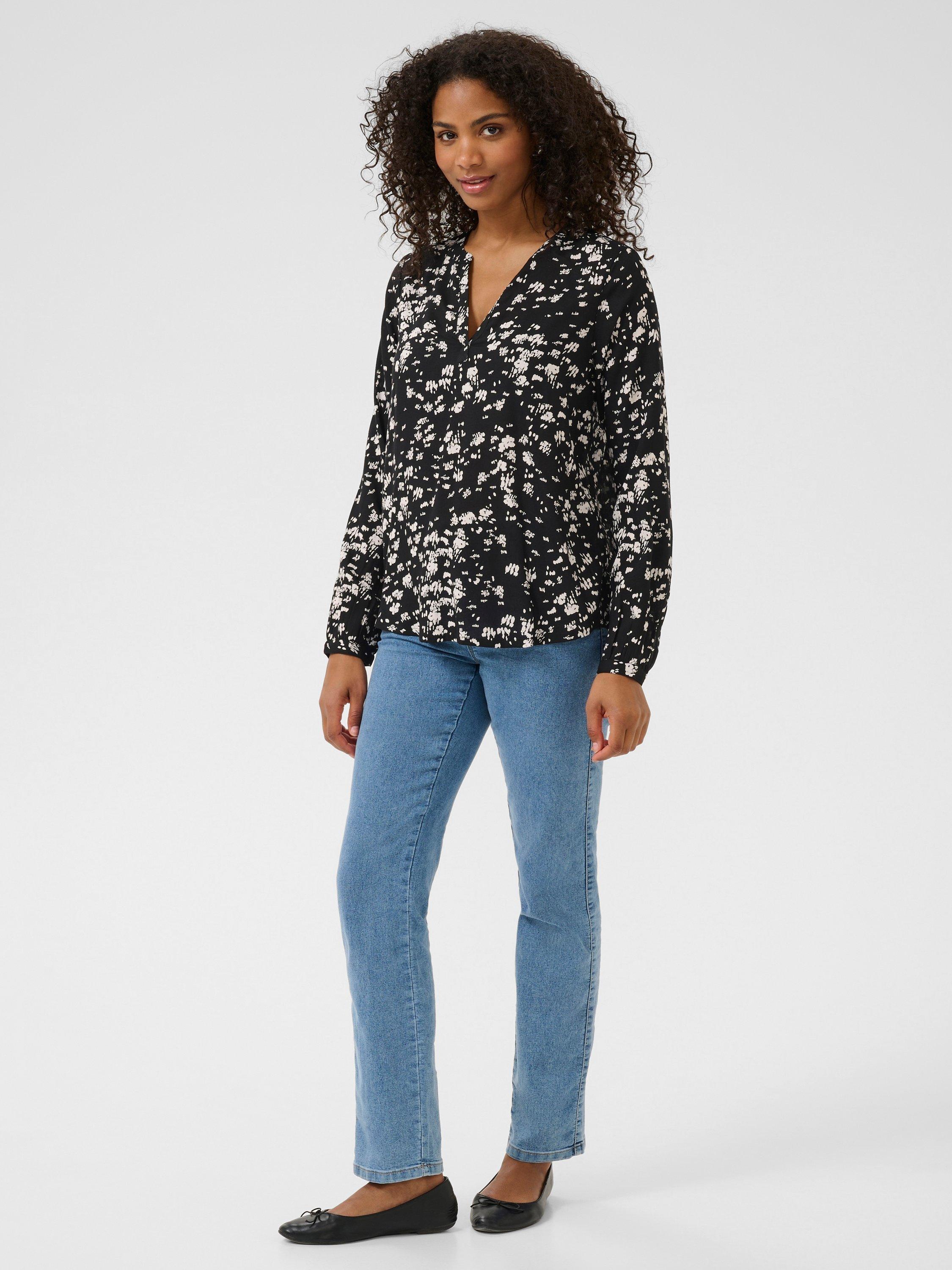 Product image 3 of 6, which shows KAFFE KAbeathe Abstract Print V-Neck Long Sleeve Blouse, Black/Chalk, 8