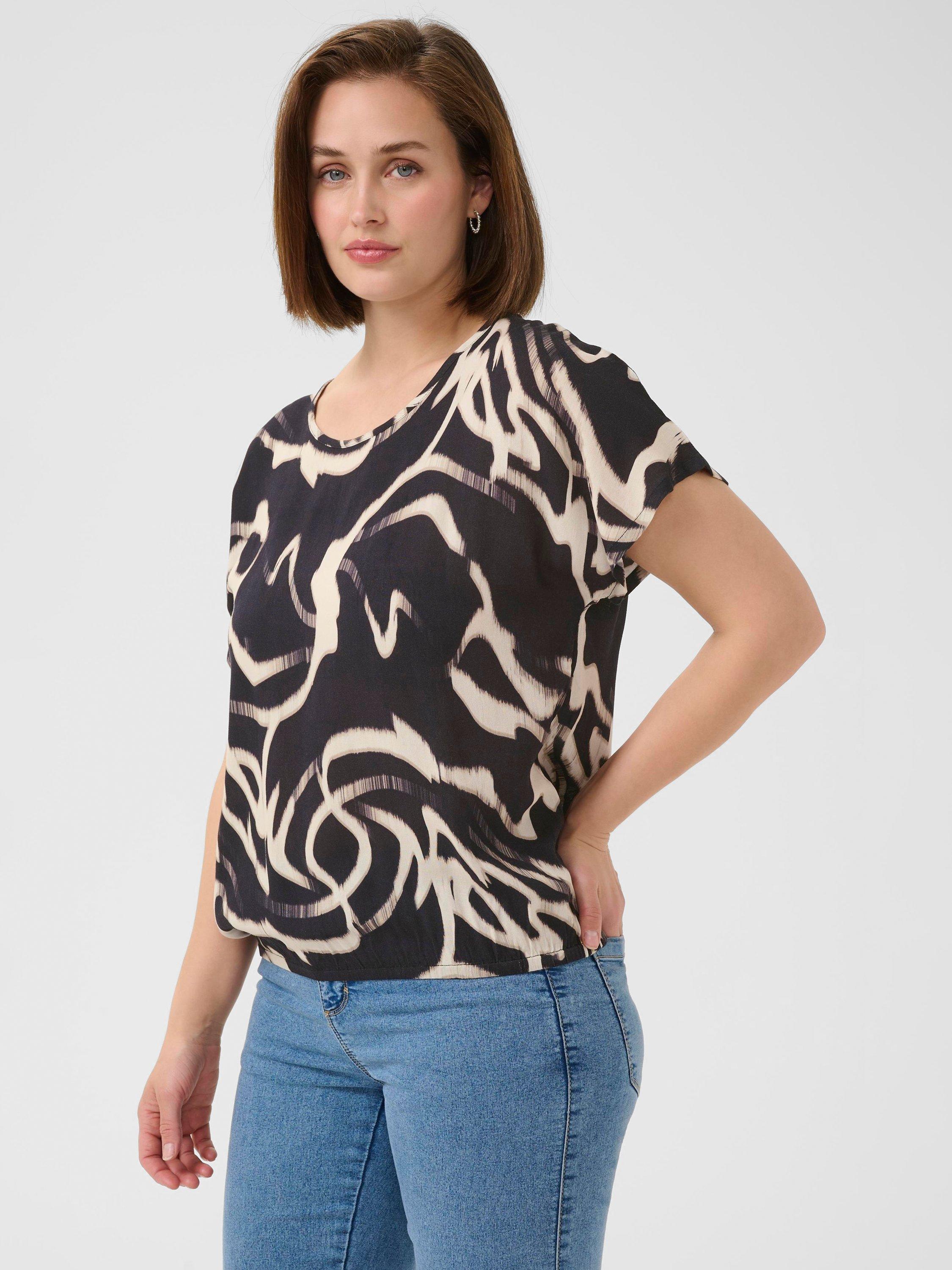 Product image 1 of 6, which shows KAFFE KAbeathe Round Neck Short Sleeve Blouse, Black/Multi, 8