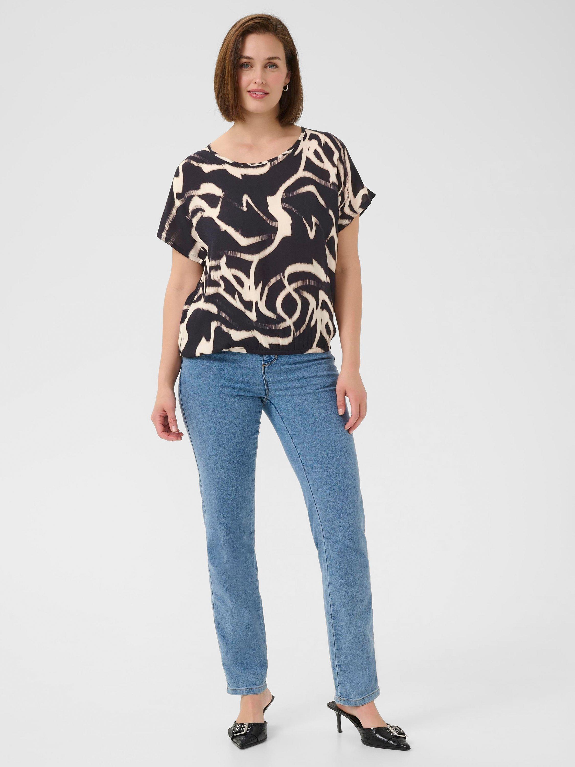 Product image 3 of 6, which shows KAFFE KAbeathe Round Neck Short Sleeve Blouse, Black/Multi, 8