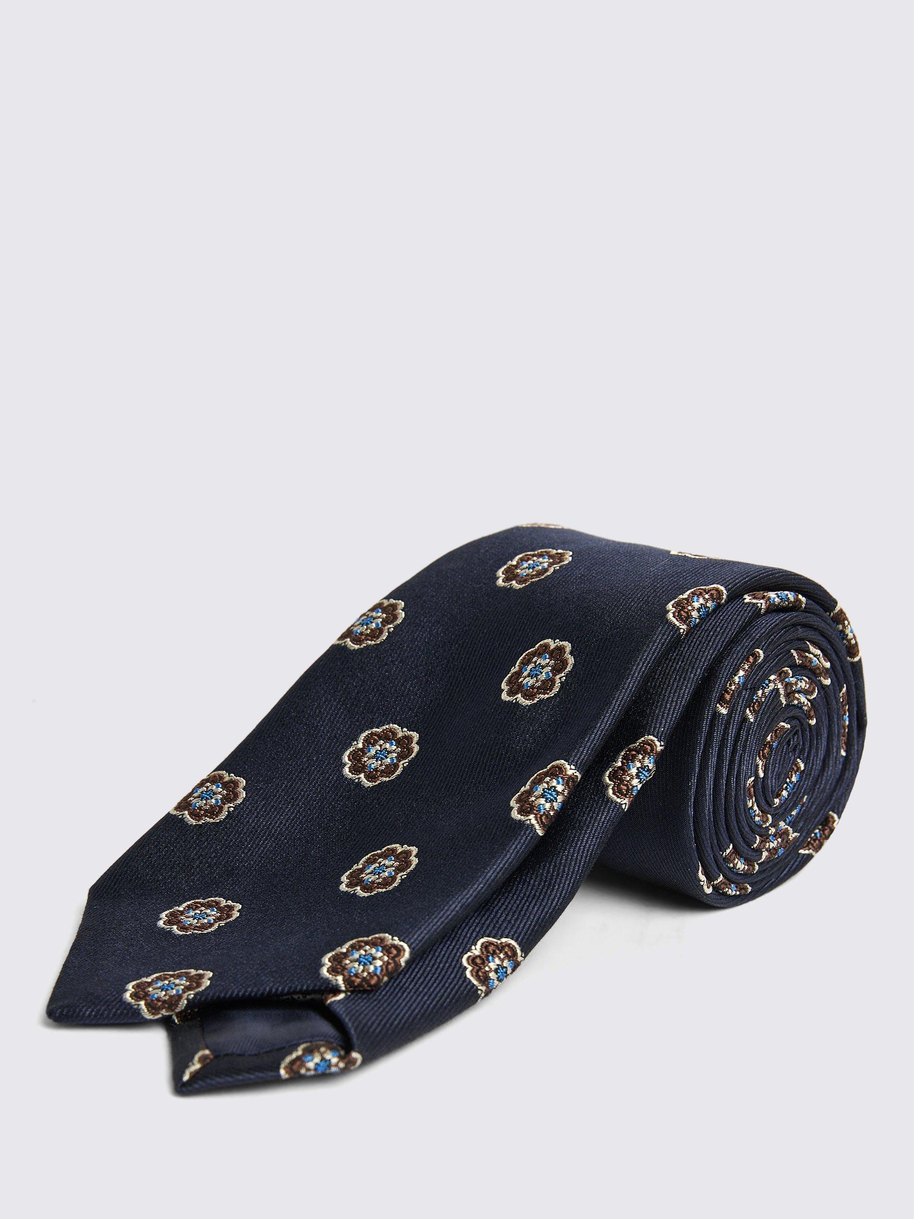 Product image 1 of 2, which shows Moss Italian Made Silk Cotton Blend rose Patterned Tie, Blue