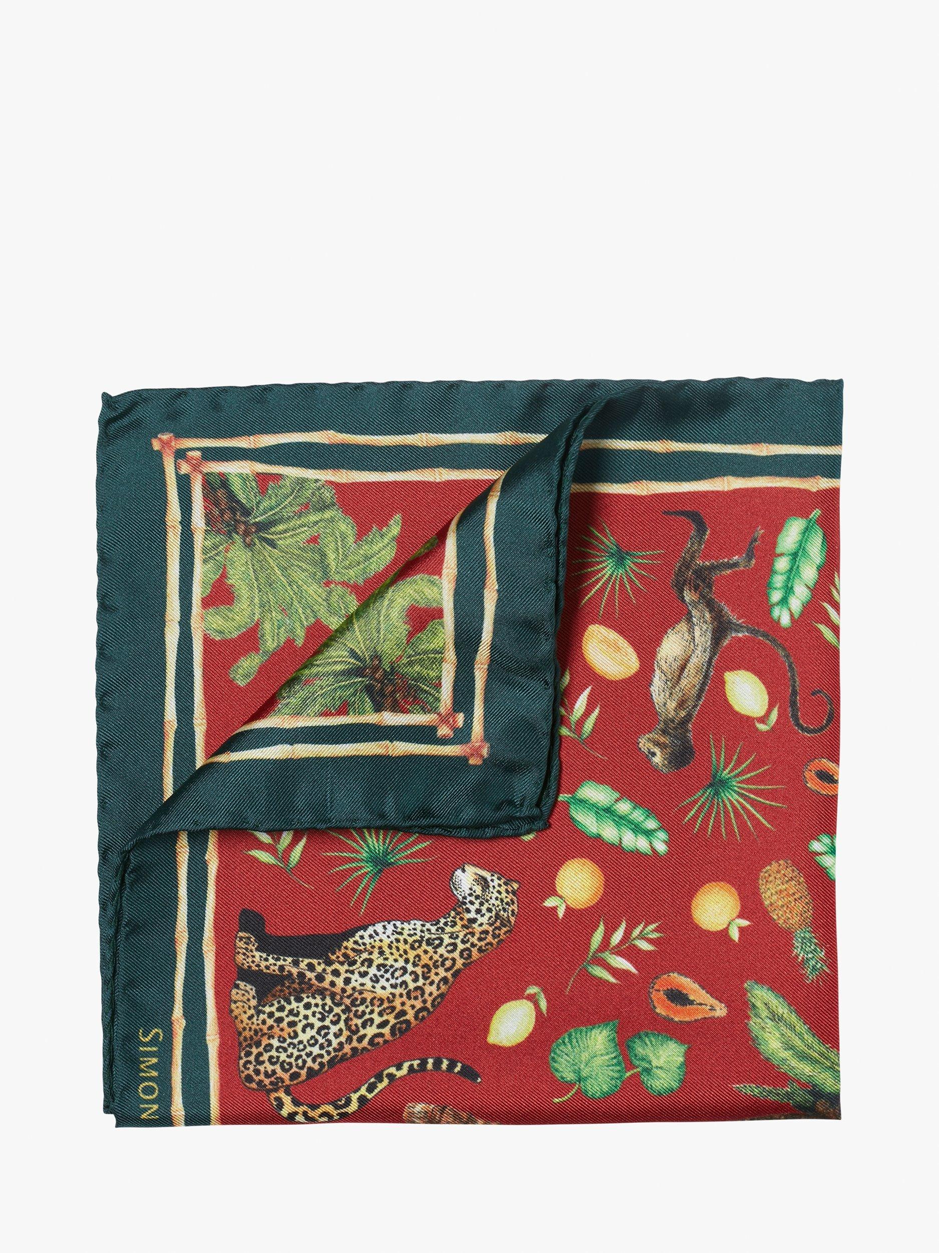 Product image 1 of 3, which shows Simon Carter Silk Jungle Pocket Square, Red/Multi
