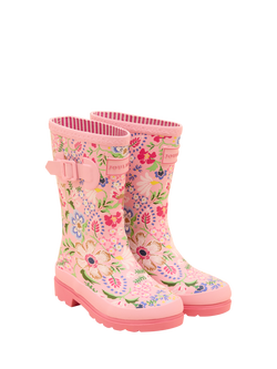 Joules Kids' Floral Wellington Boots, Pink, Pink