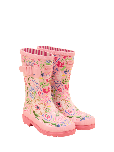 Joules Kids' Floral Wellington Boots, Pink, Pink