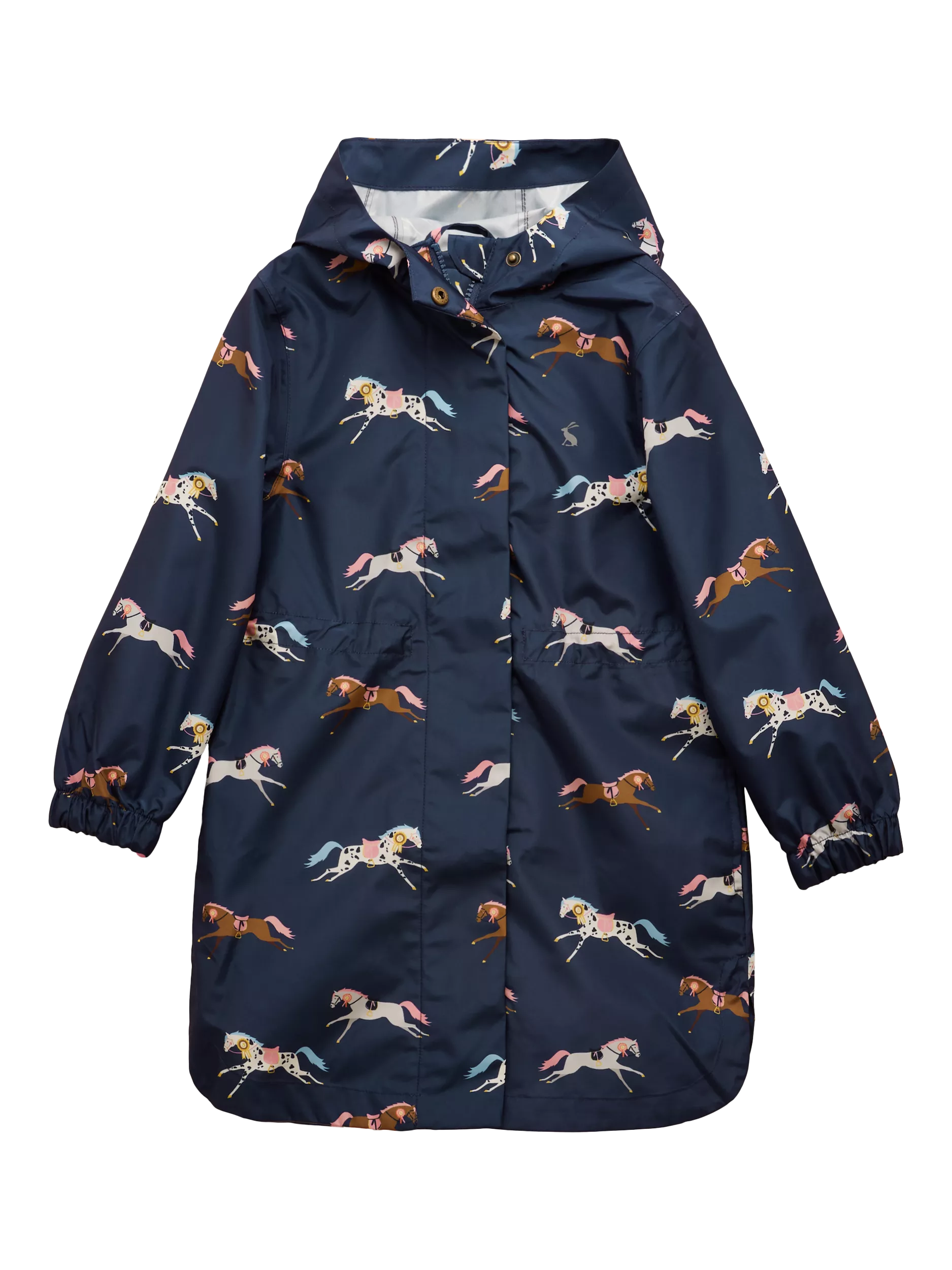 Joules Kids' Rainford Horse Print Hooded Raincoat, Navy
